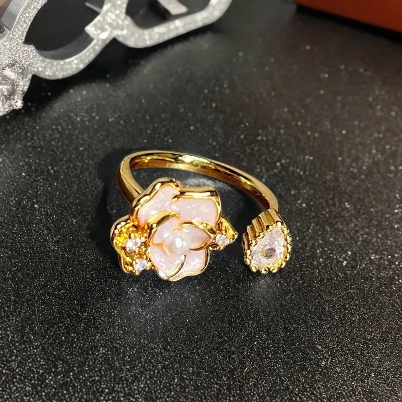 Adjustable copper ring with vintage oil-dripping gourd design, inlaid zircon stones, and flower and bow shapes in New Chinese style