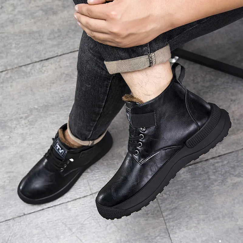 Black Martin high-top platform boots with velvet accents and a thick rubber sole on a neutral background