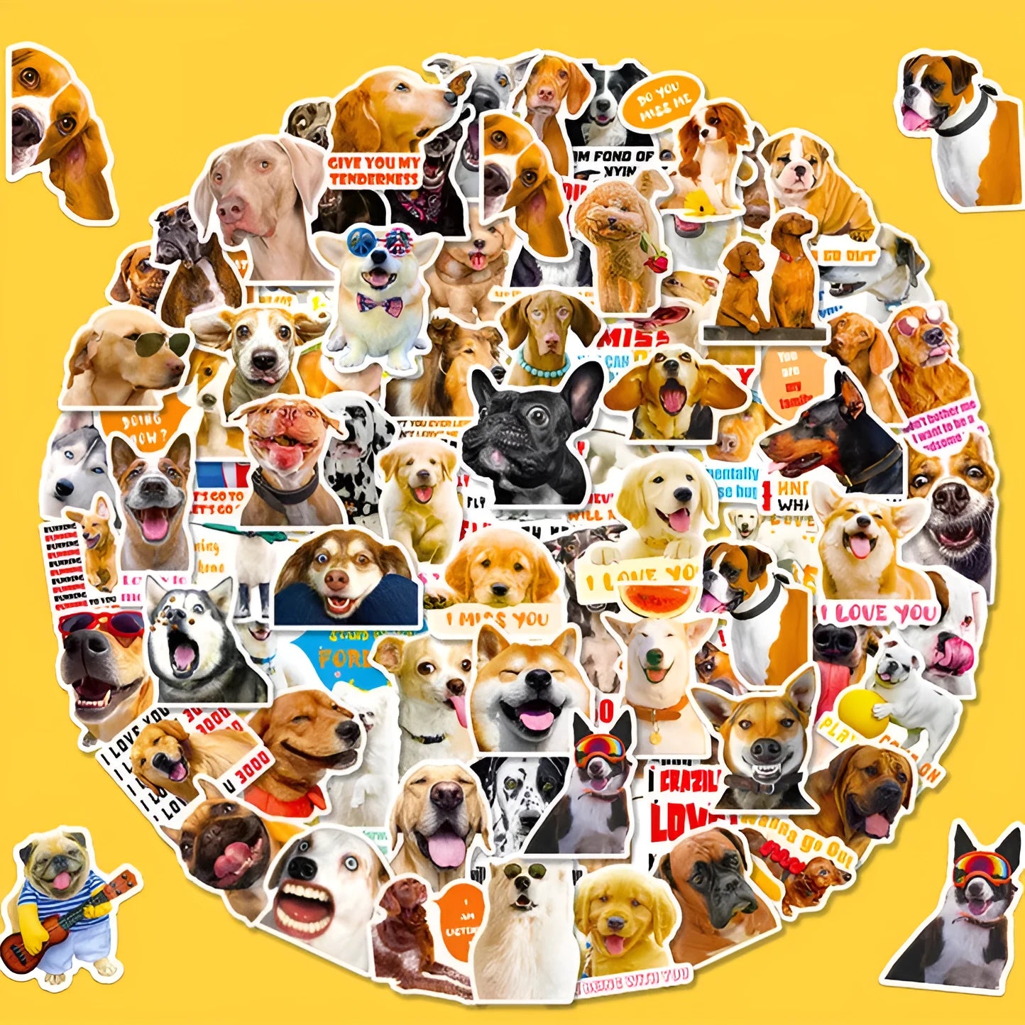 Pack of 100 realistic Nordic style dog facial expression stickers for crafts.