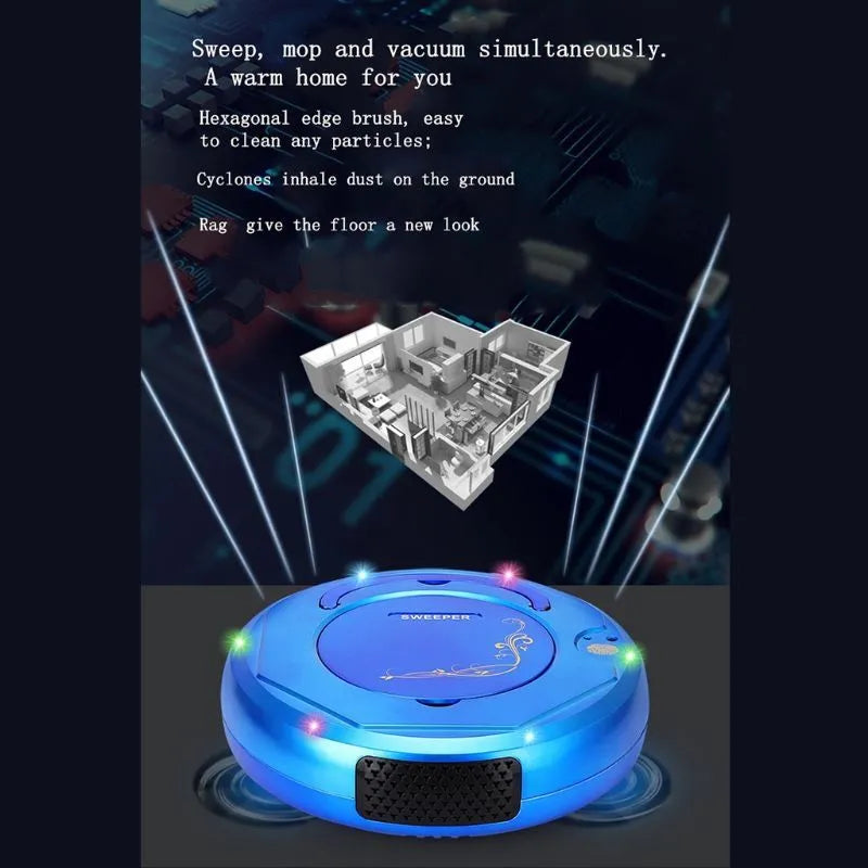Lazy Smart Vacuum Cleaner floor sweeping robot in blue, black, or white colours with charging cable and accessories
