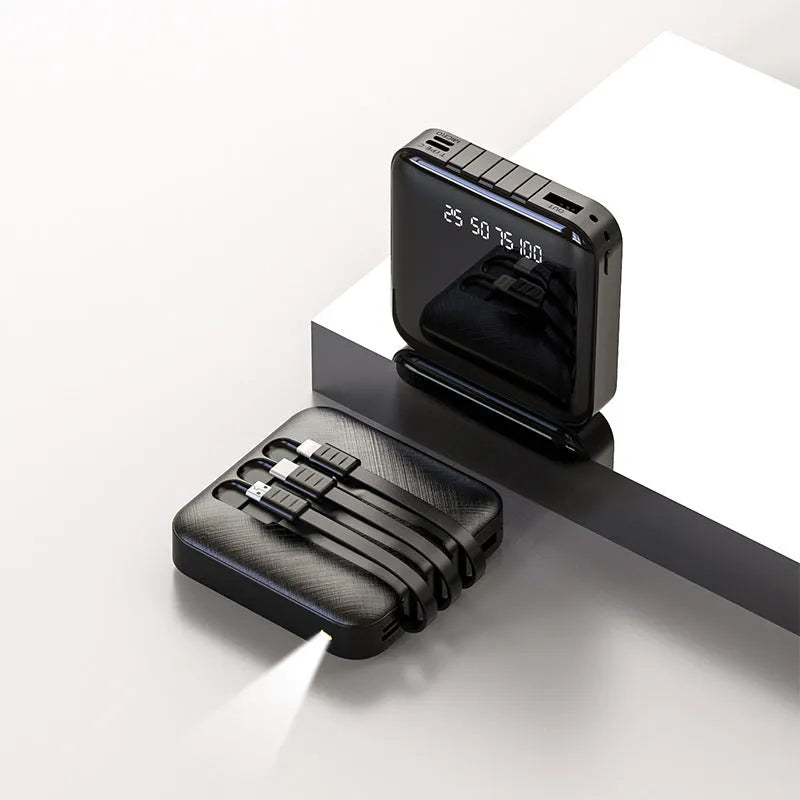 Black power bank with integrated charging cable showing 20000mAh capacity and compact 80mm dimensions