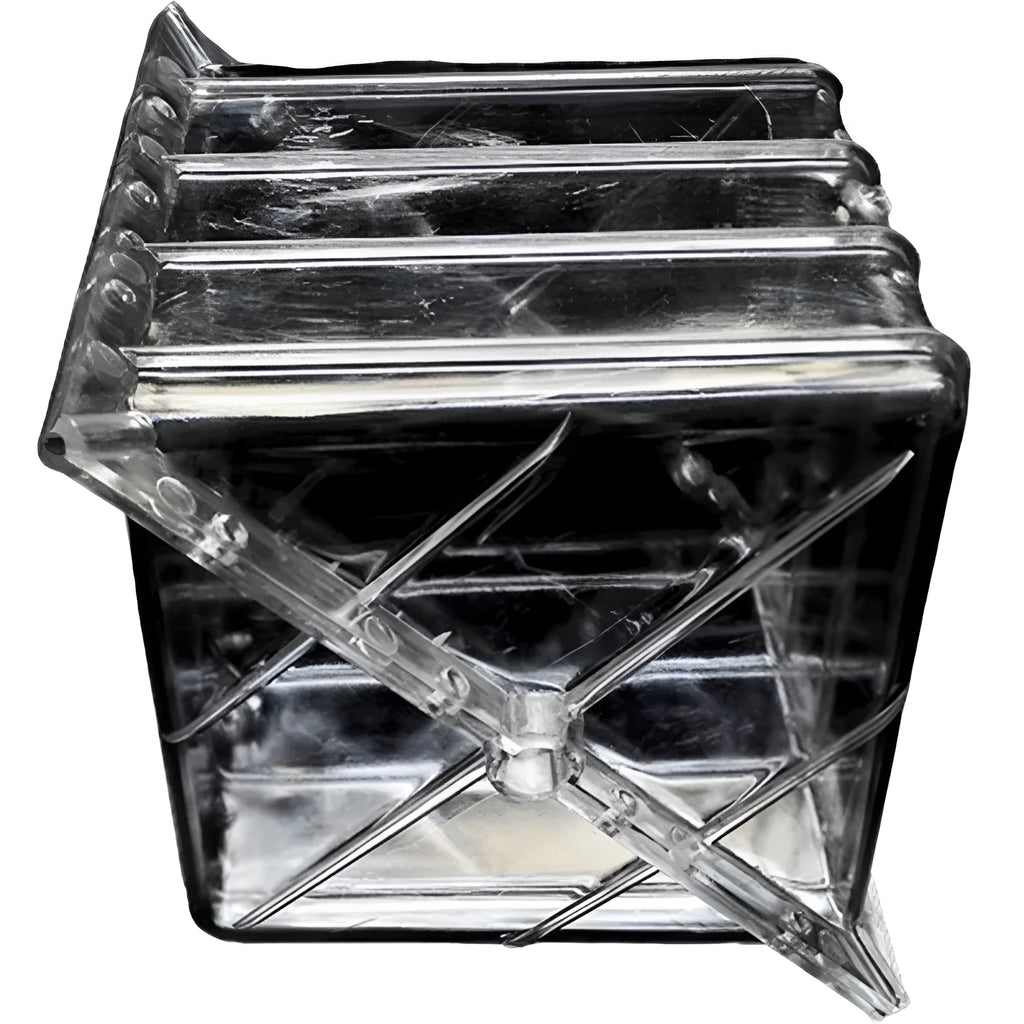 Square plastic growth mould for shaping watermelons and fruit to a 13cm cube size.