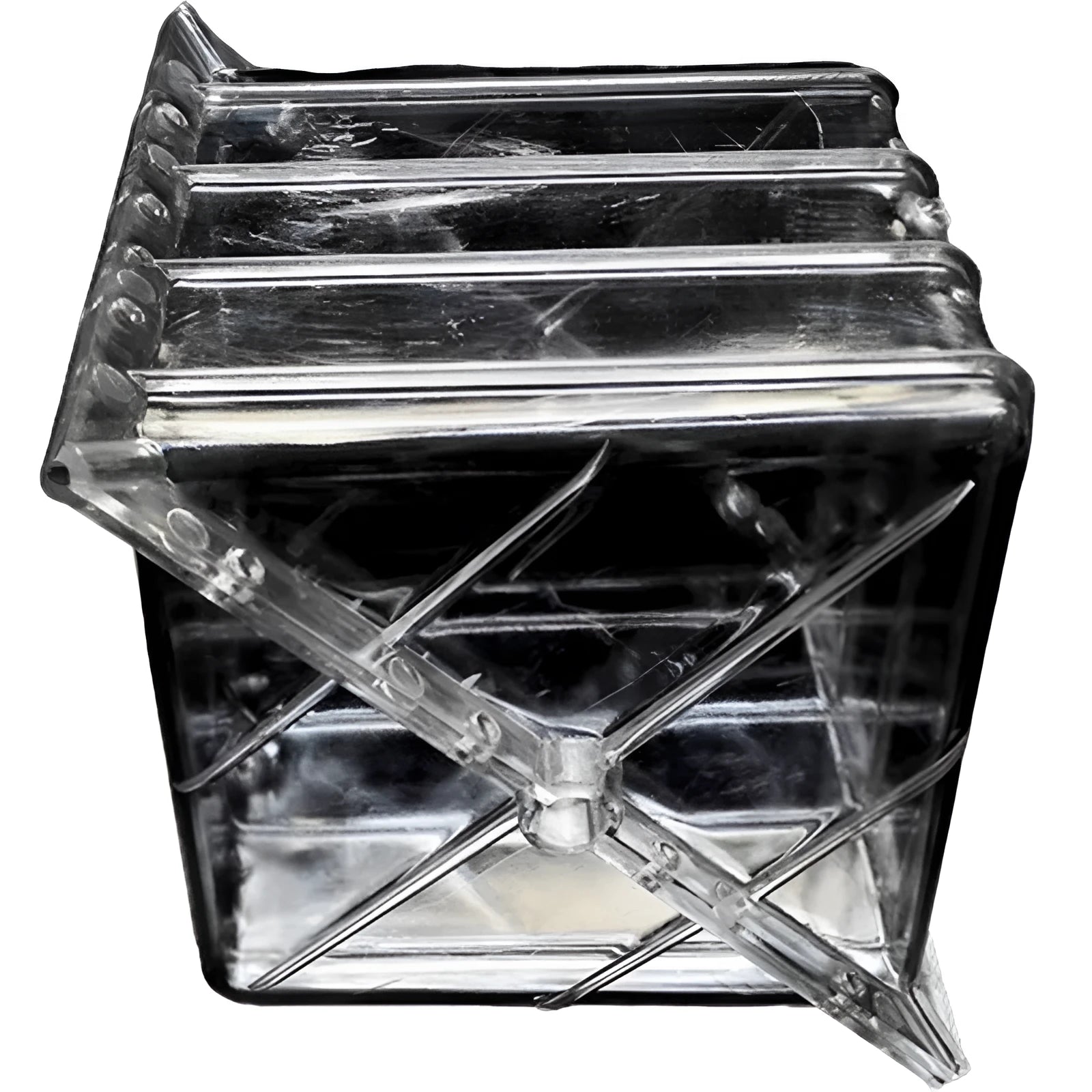 Square plastic growth mould for shaping watermelons and fruit to a 13cm cube size.