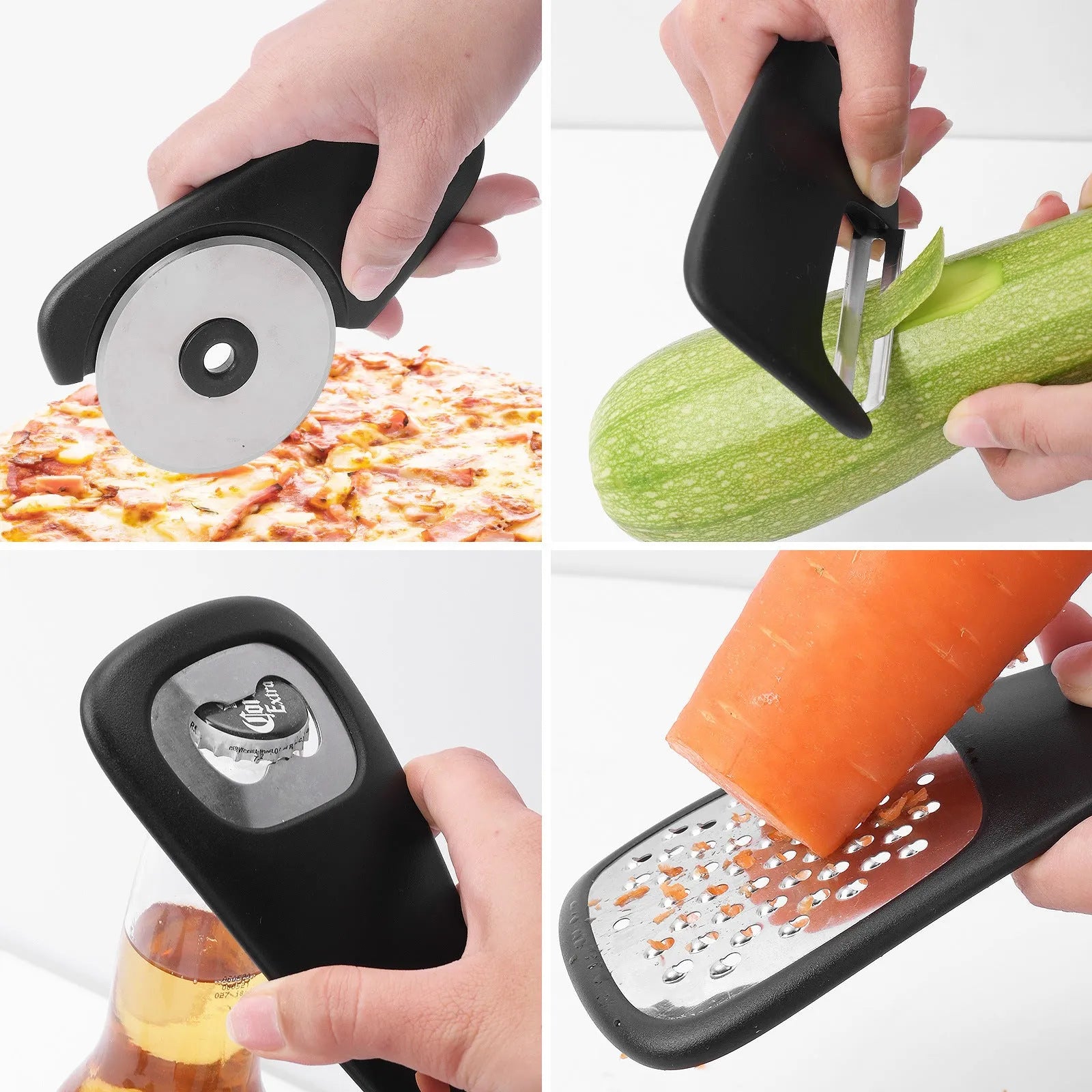Six stackable kitchen tools with PP handles and stainless steel ends, plus cleaning brush, in colour box