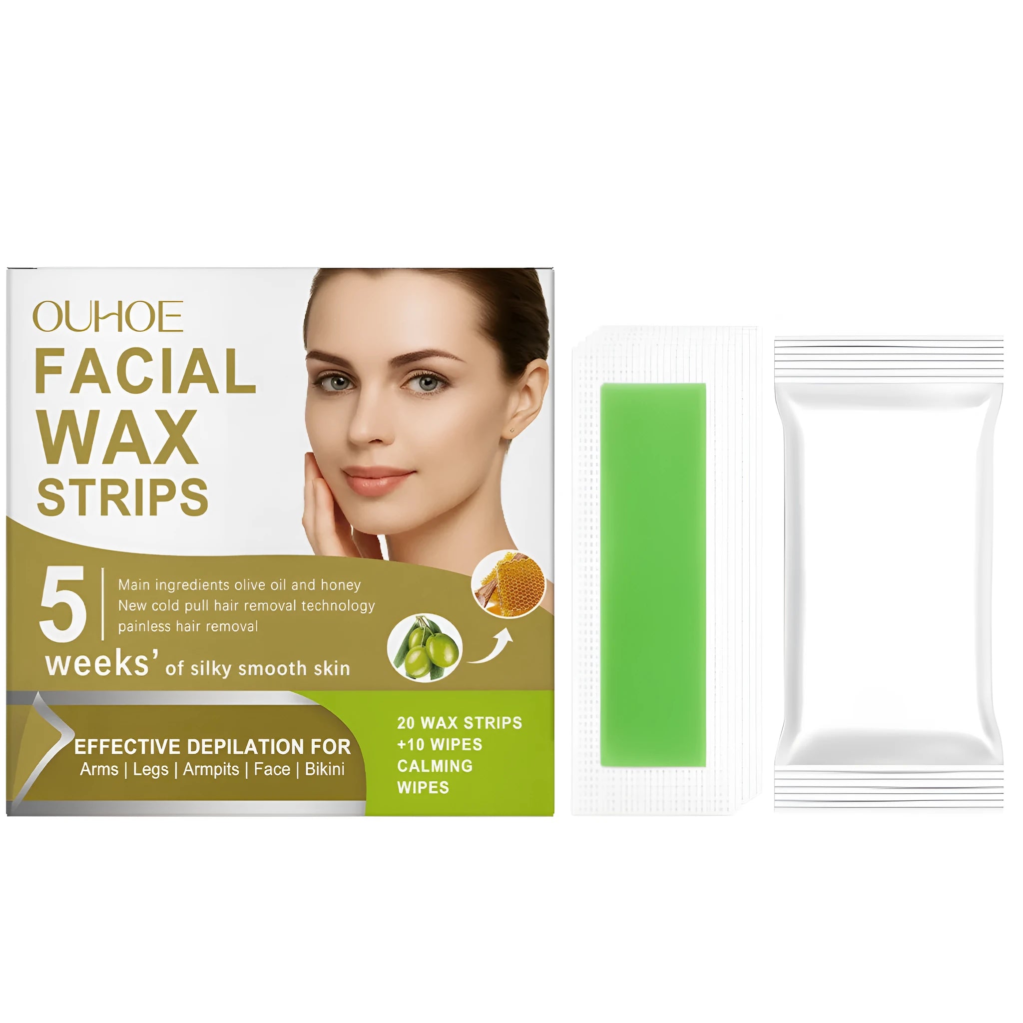 Gentle facial hair removal wax paper kit with 20 strips and 10 wipes for eyebrows and upper lip