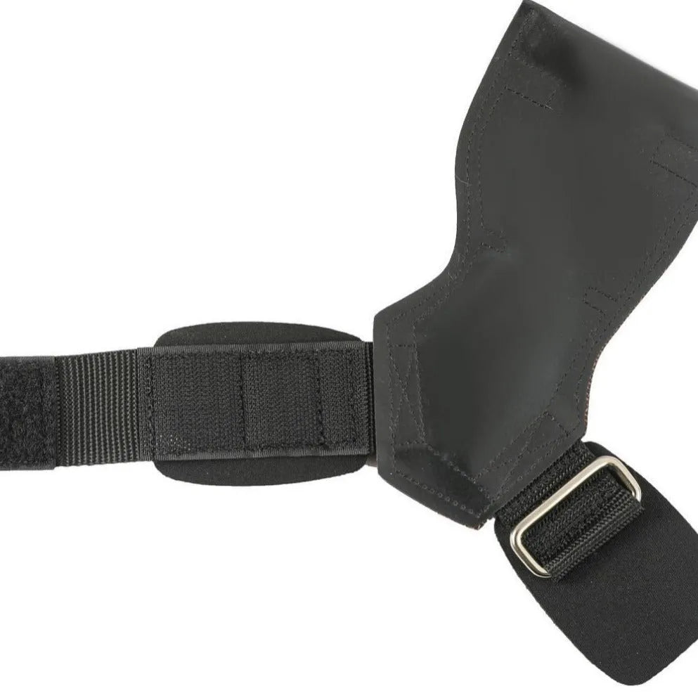 Black rubber non-slip weightlifting palm protectors with an assist belt for rock climbing.