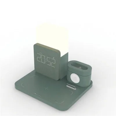 3-in-1 Qi wireless charger stand in black, dark green, or light green, charging a phone, smartwatch, and earbuds on a desk