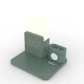 3-in-1 Qi wireless charger stand in black, dark green, or light green, charging a phone, smartwatch, and earbuds on a desk