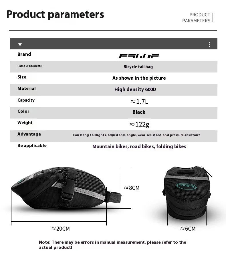 Black cycling quick release saddle bag with polyester construction mounted under bicycle saddle
