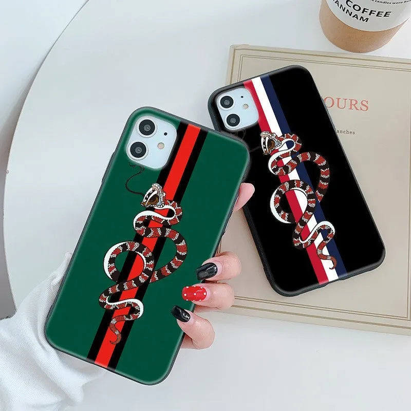 Soft silicone iPhone case with frosted surface showing detailed snake cartoon pattern in black colour