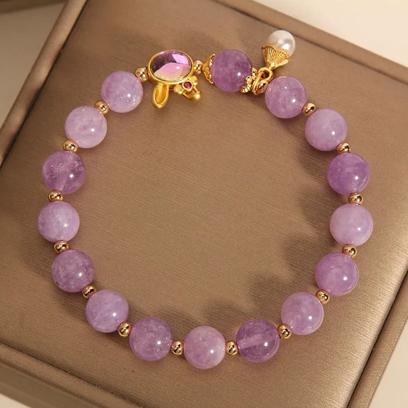 Natural mauve jade crystal rabbit bracelet with purplish red jade hare head pendant