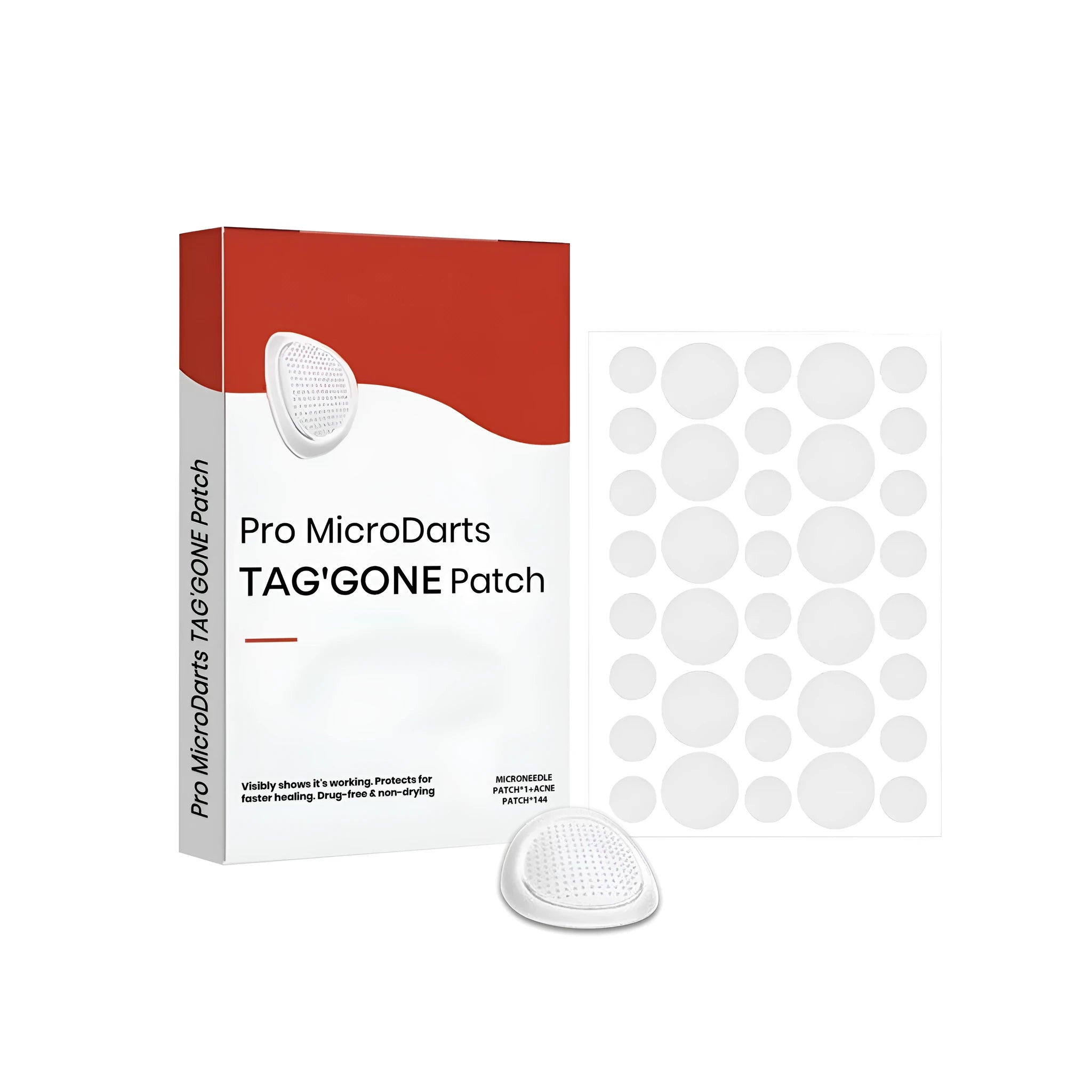 Box of 144 acne care patches and one microneedle patch for skin blemish treatment.