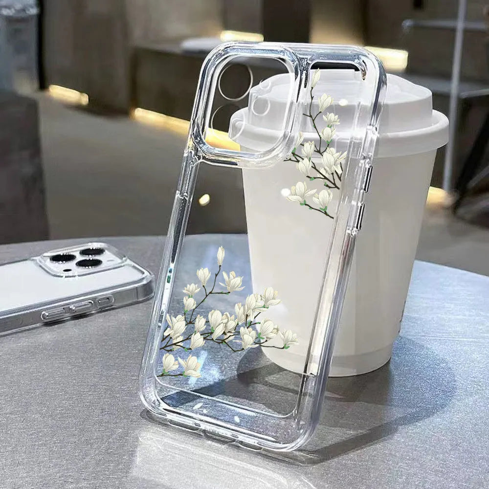 Transparent silicone iPhone case with carved antique flower pattern, shockproof and anti-fall, four colour options.