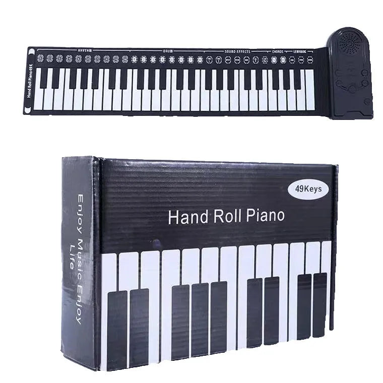 Folding electronic keyboard showing 49 silicone keys, folded to 28cm length with pearl white finish