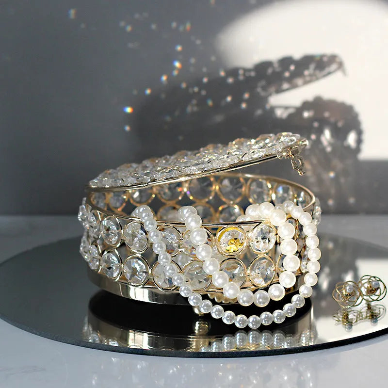 French gold jewellery box with crystal glass lid showing interior, measuring 15cm wide