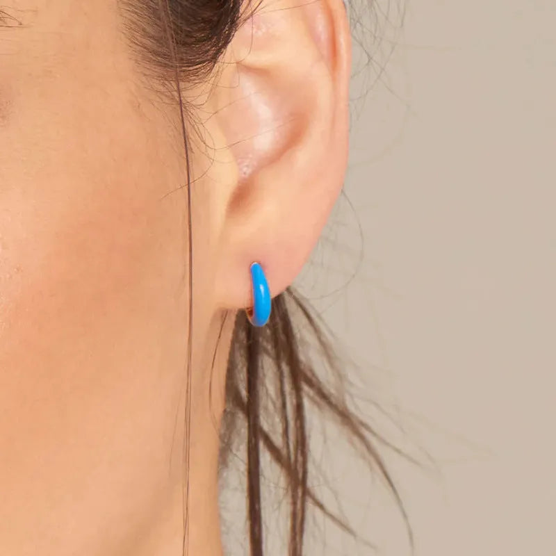 Geometric U-shaped epoxy earrings with oval elements in seven colour options on silver needle copper