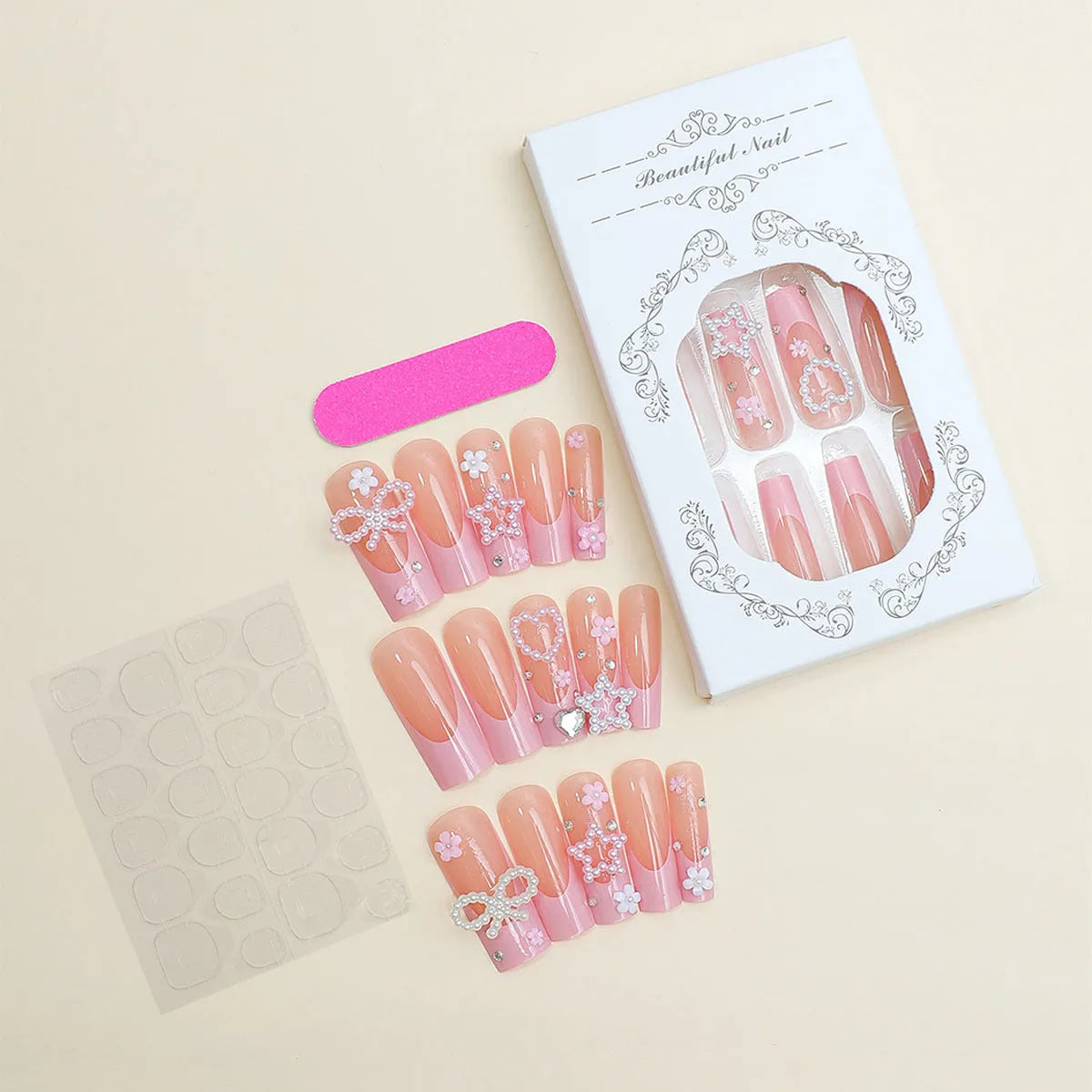 Super long French manicure nails with spot drill detailing and bow accent in XB-70-48 colour