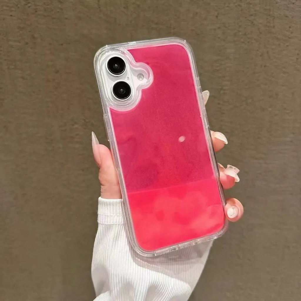 Glitter quicksand phone case for iPhone 12-16 Pro Max, hard PC TPU shell, shockproof, in black, blue, orange, yellow, rose, green.