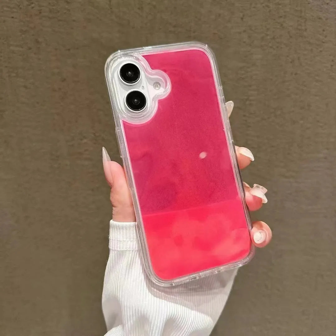 Glitter quicksand phone case for iPhone 12-16 Pro Max, hard PC TPU shell, shockproof, in black, blue, orange, yellow, rose, green.