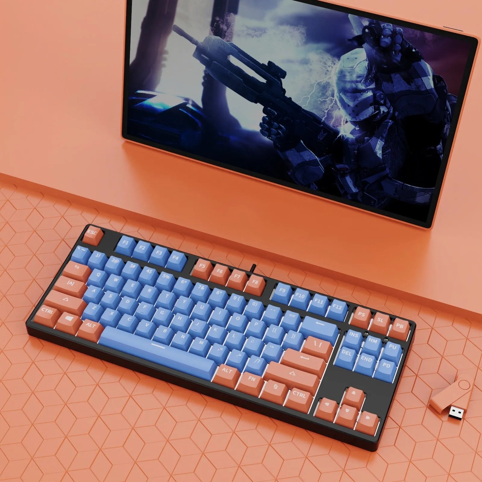 87-key wired mechanical keyboard with two-tone keycaps and metal frame, showing compact design and included tools