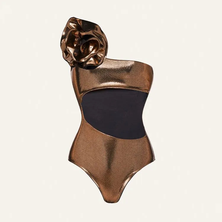 Gold handmade halter neck one-piece swimsuit with hollow out flower design for swimming sports