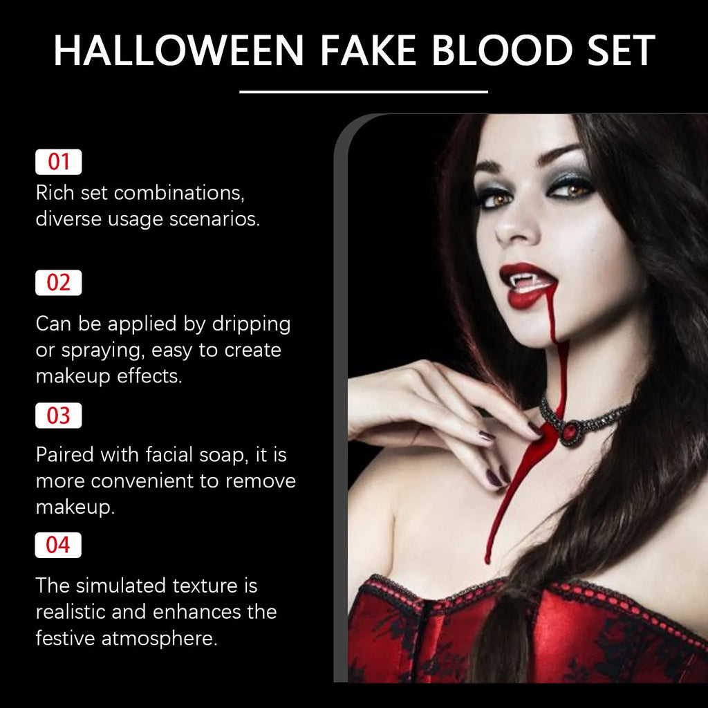 3-piece washable fake blood set with plasma drops, spray bottle, and surface soap container