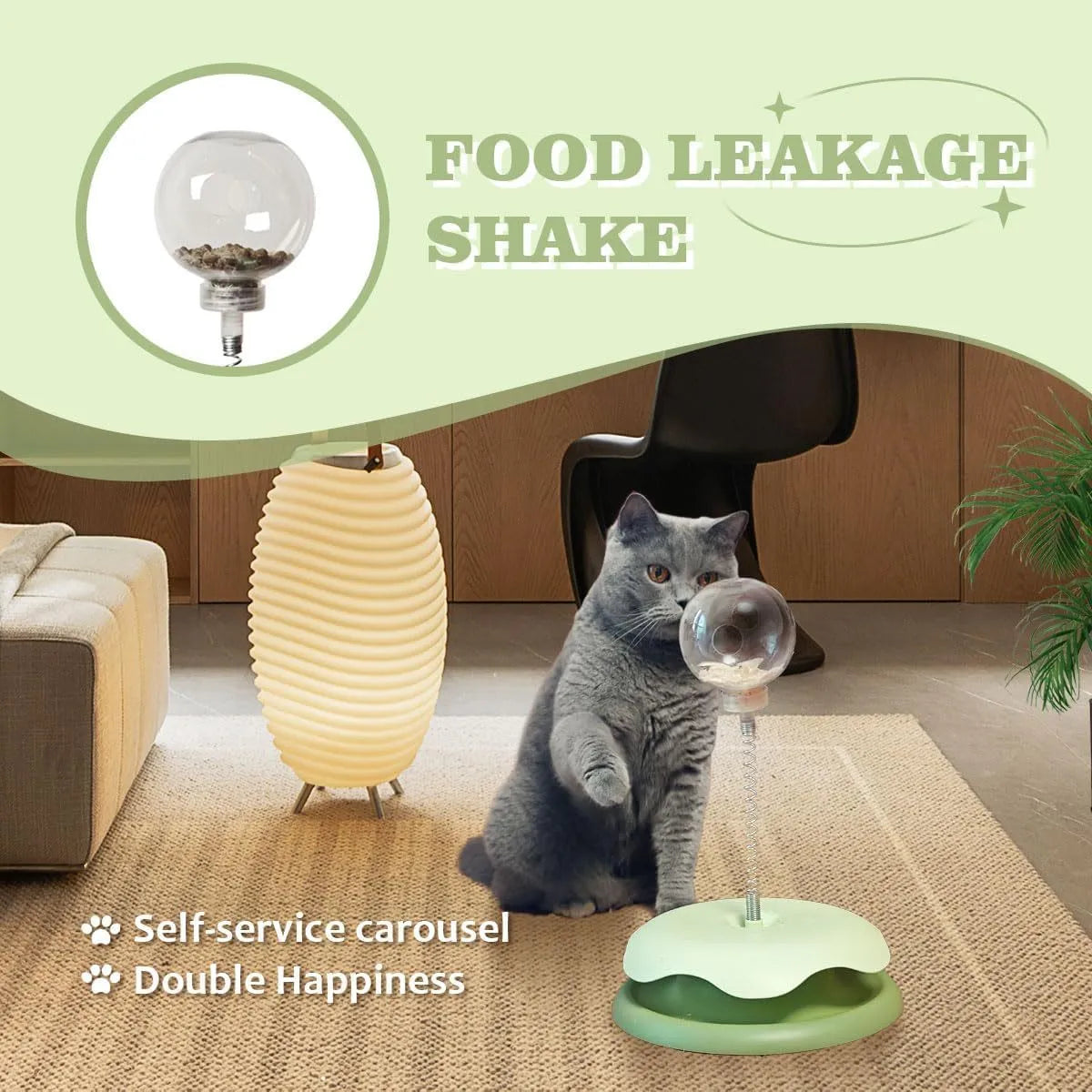 Blue and green cat treat dispenser toy with track ball, measuring 21.5cm by 32cm