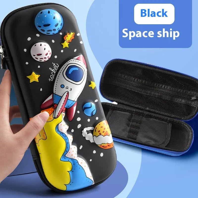 3D leather pencil case with zipper closure showing decorative space theme design