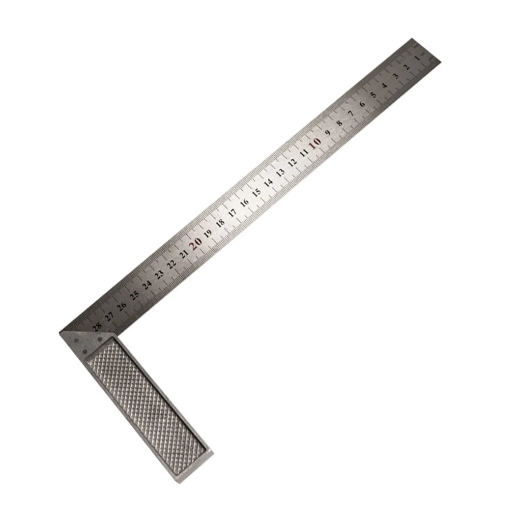 Red thin 7-inch metal combination angle ruler with metric scales on both sides, in a transparent bag