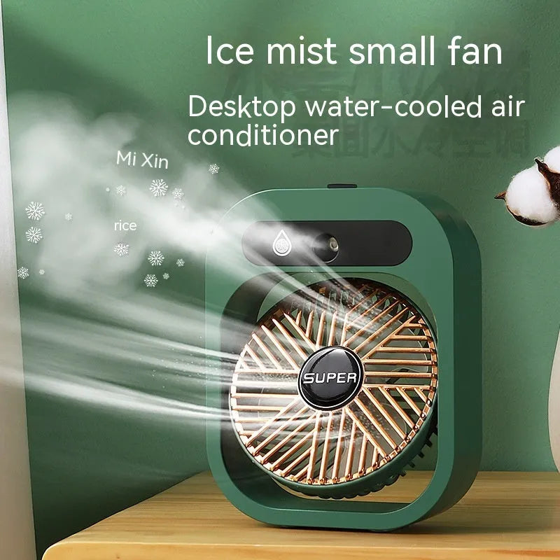 Green and white USB rechargeable portable misting fan and humidifier with adjustable wind direction