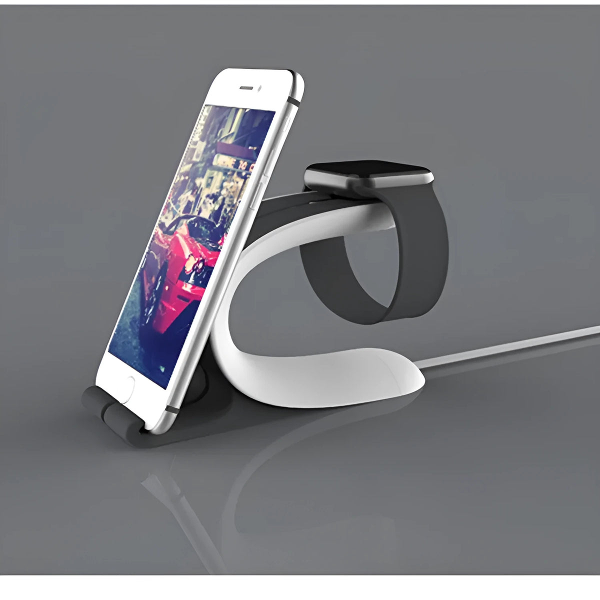 Grey desktop charging stand holding an Apple iPhone and an Apple Watch.