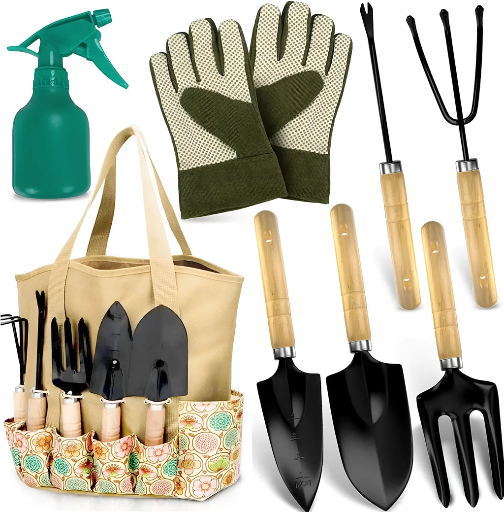 Stainless steel gardening tool set of 8 pieces including trowel, transplanter, cultivator, and other implements