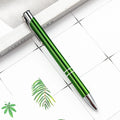 Metal ballpoint pen with push-action mechanism in various colours including black, blue, and champagne gold