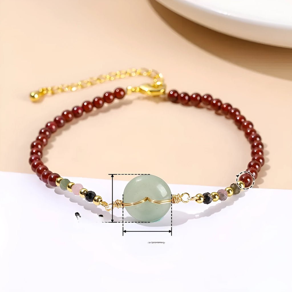 Chinese crystal agate bracelet with garnet safety clasp and round beads