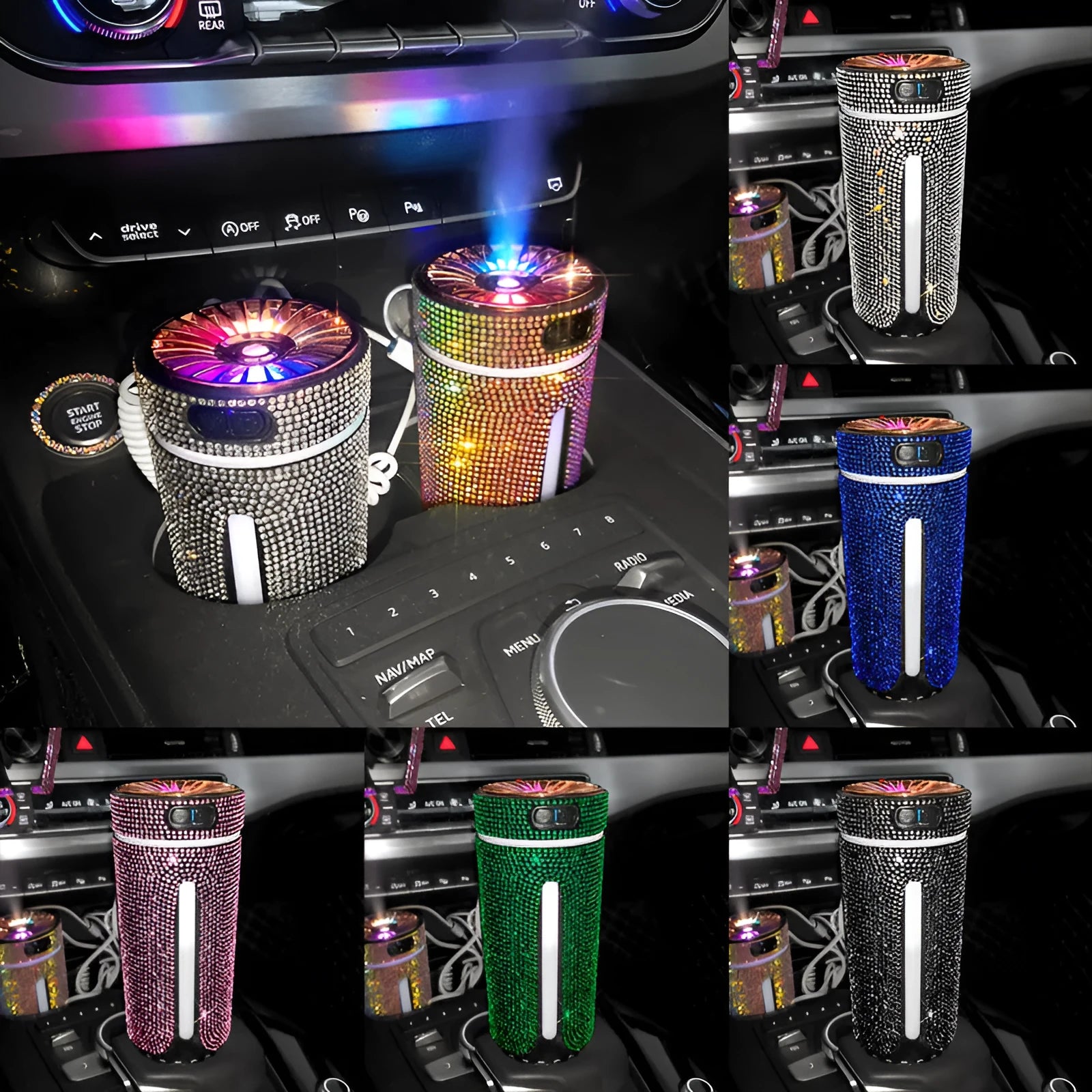 Compact diamond pattern car humidifier with colourful LED lights and USB cable for vehicle or desktop use