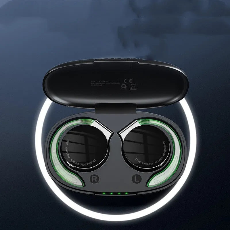 Black sports wireless Bluetooth earphones with ear plug design showing bilateral stereo configuration
