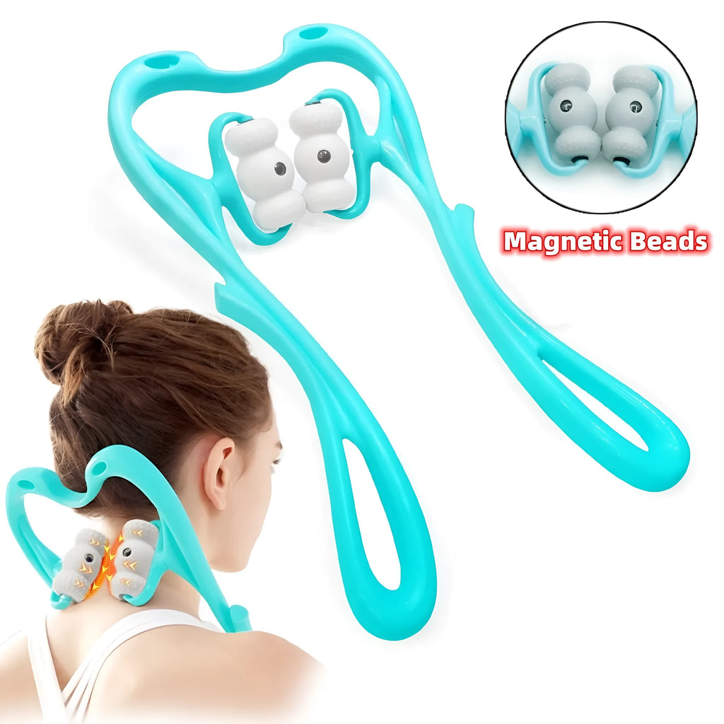 Blue handheld neck massager roller with acupressure nodes shown on a grey background.