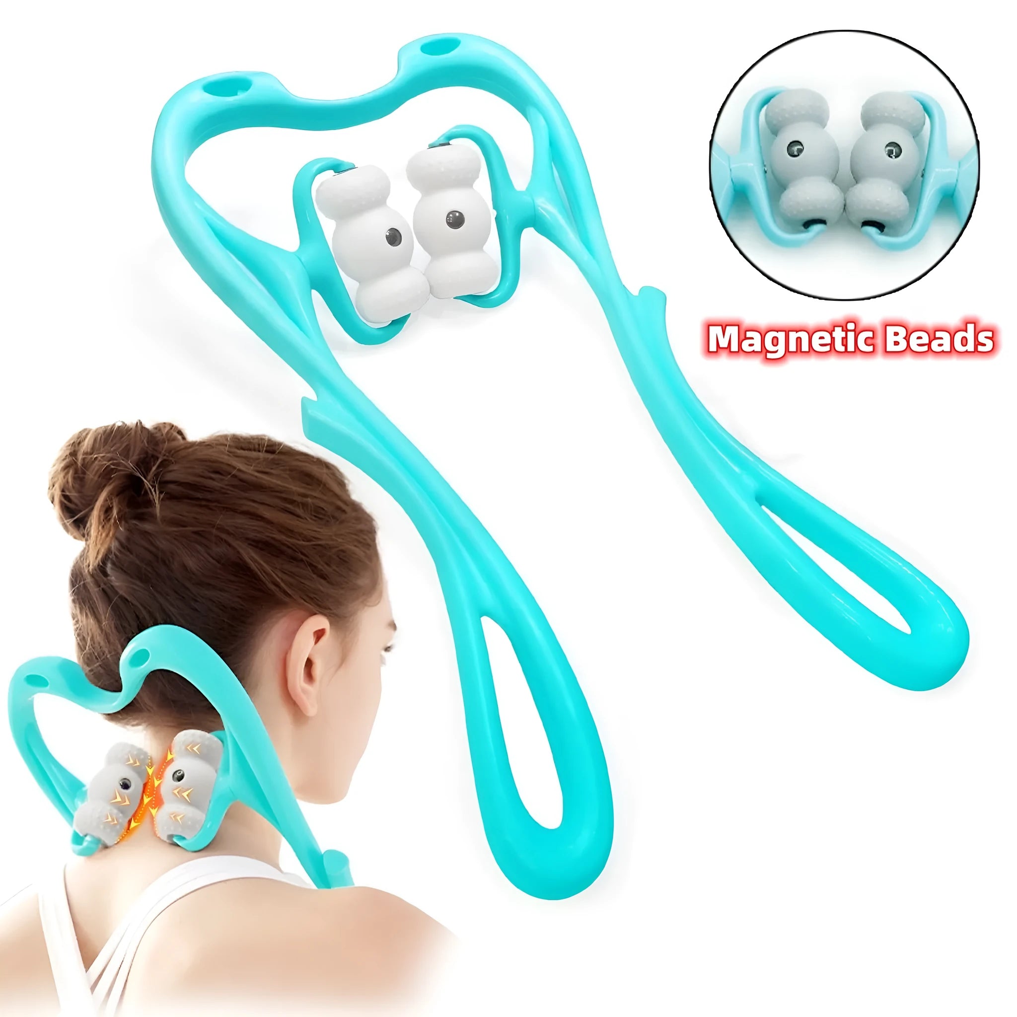 Blue handheld neck massager roller with acupressure nodes shown on a grey background.