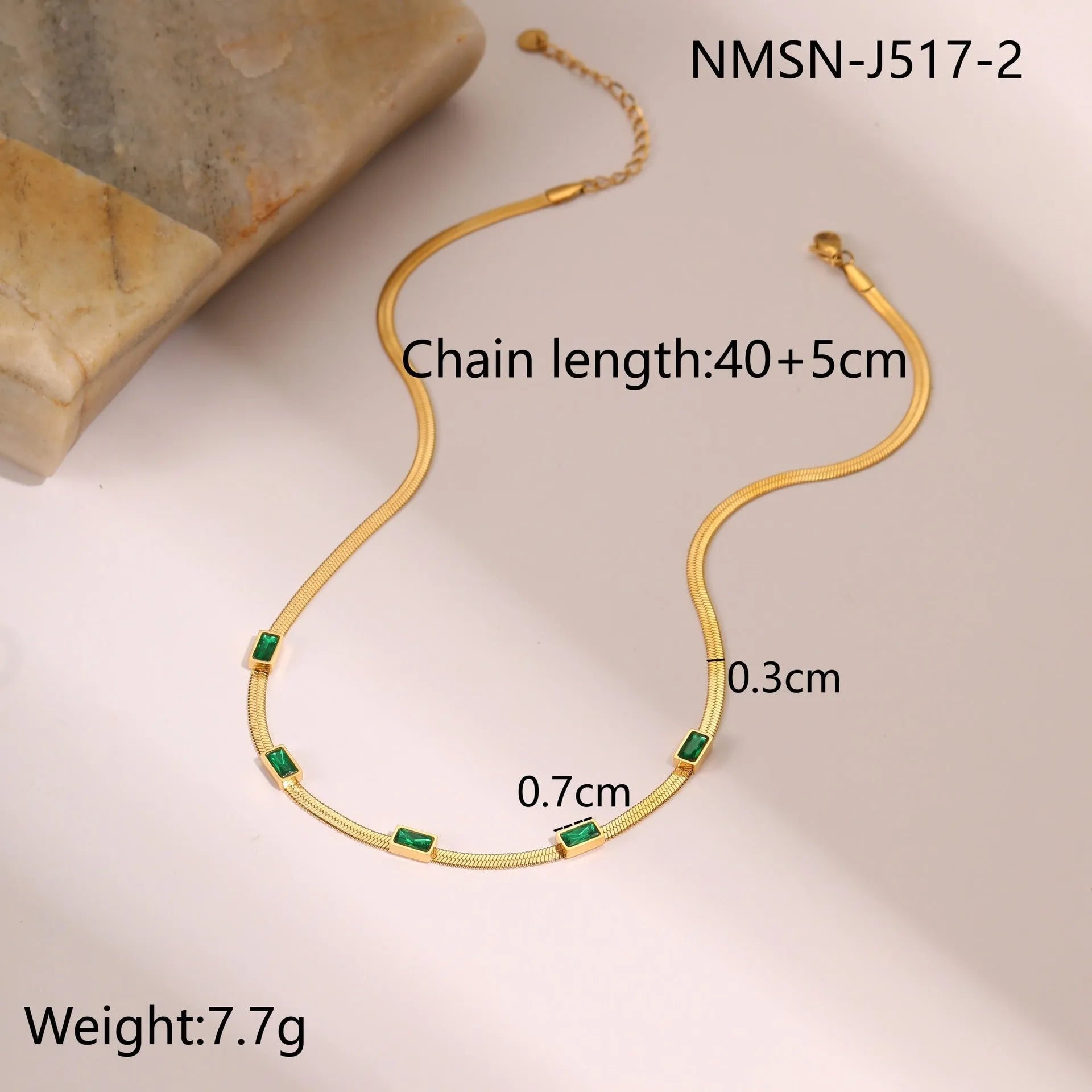 Geometric square zircon pendant necklace on flat snake chain in gold or steel colour