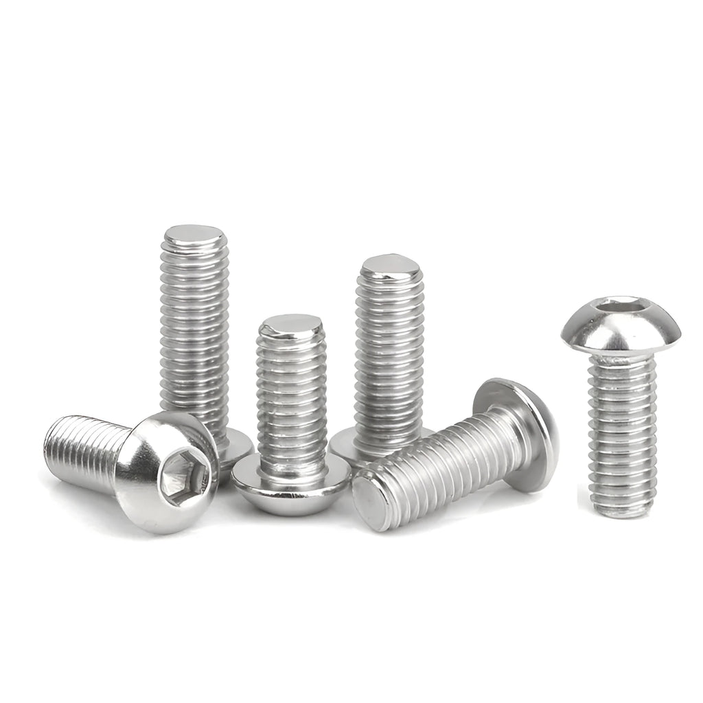 Stainless steel semicircular head hex socket screw with A2-70 grade, shown alongside a hex key.