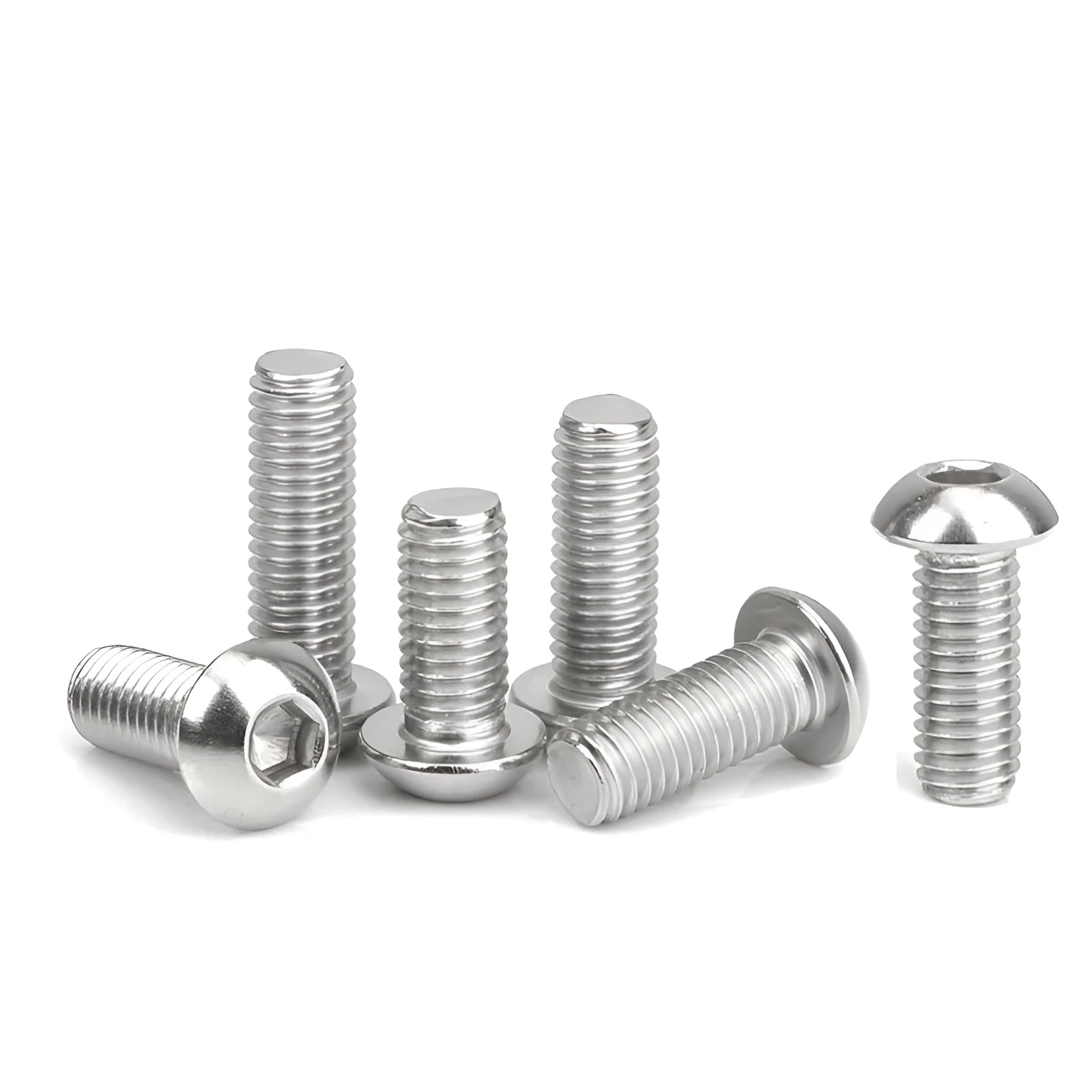 Stainless steel semicircular head hex socket screw with A2-70 grade, shown alongside a hex key.