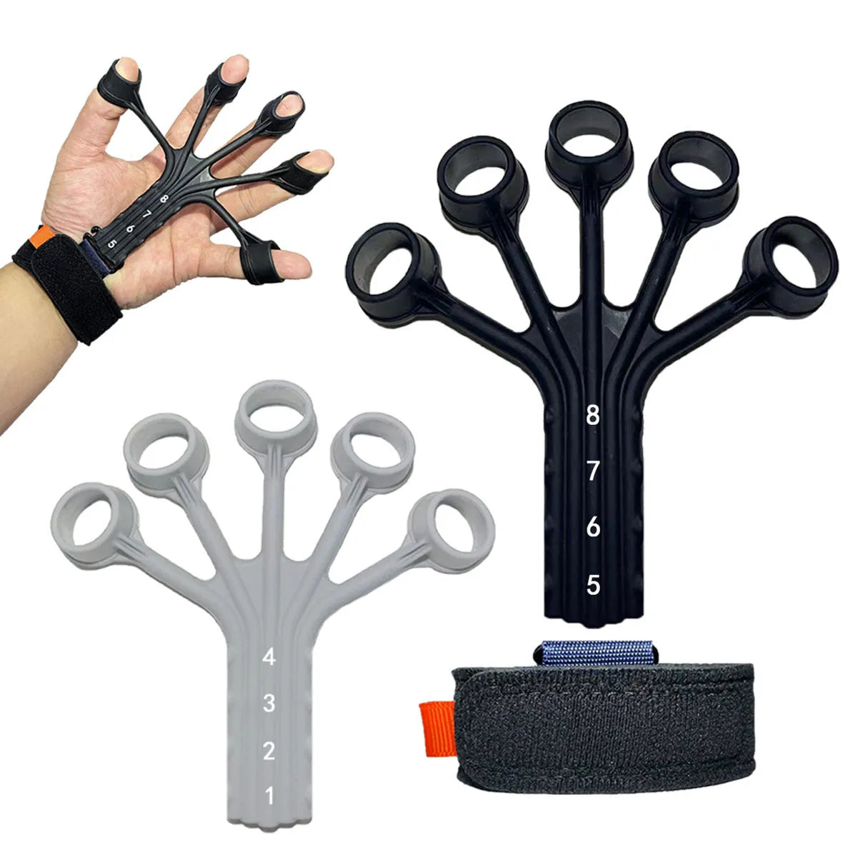 Black silicone finger trainer with adjusting belt for rehabilitation exercises
