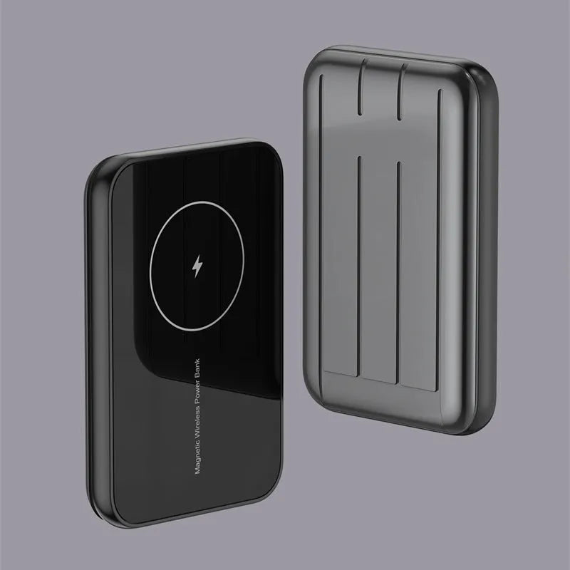 Blue magnetic wireless power bank showing magnetic ring and Multi-U port, dimensions 98x64x16mm.