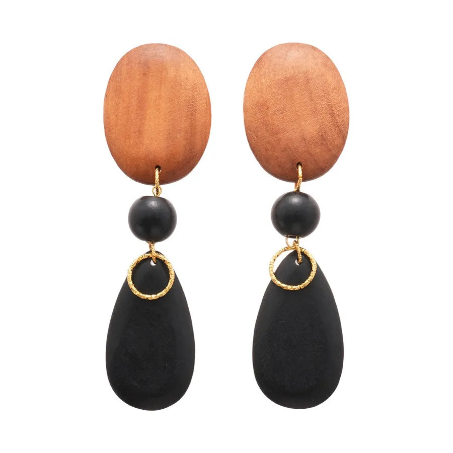 Handcrafted wooden earrings with elliptical design in silver brown black colours