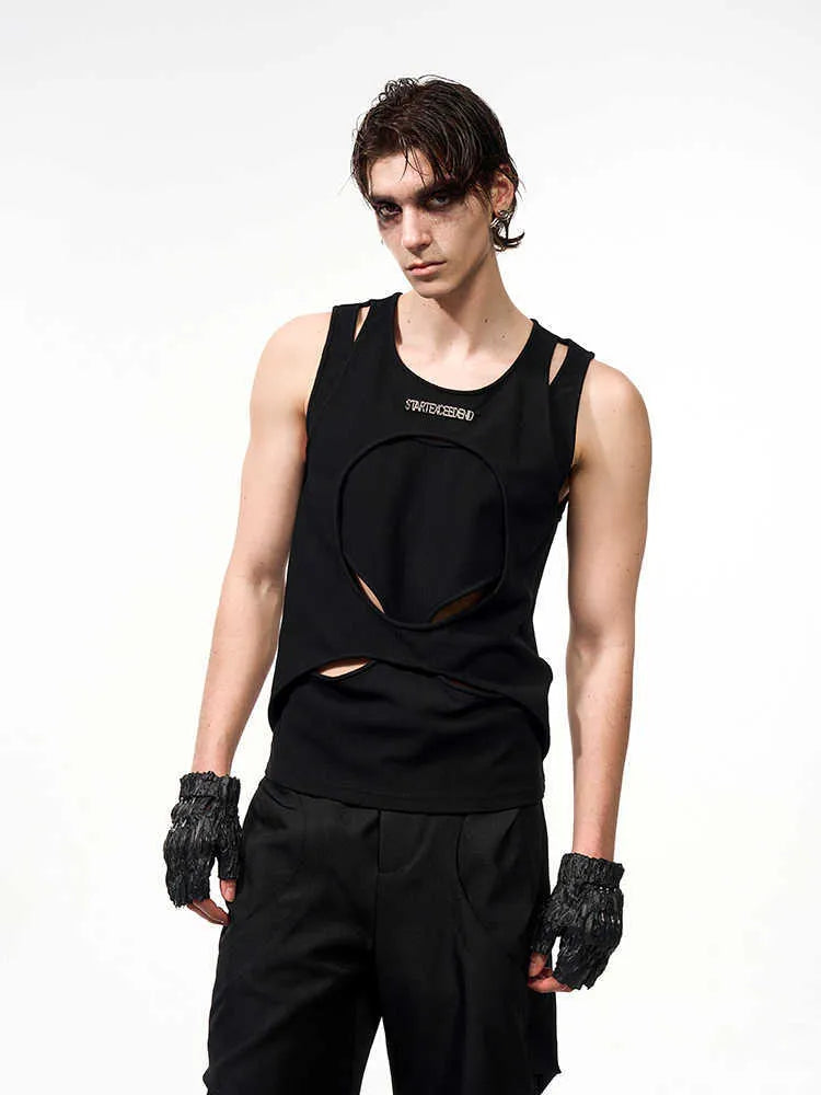 Men's sleeveless waistcoat in black or white with round neck and hollow thread design