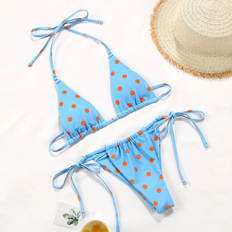 Women's polka dot split swimsuit bikini with triangle top and briefs in multiple pattern options