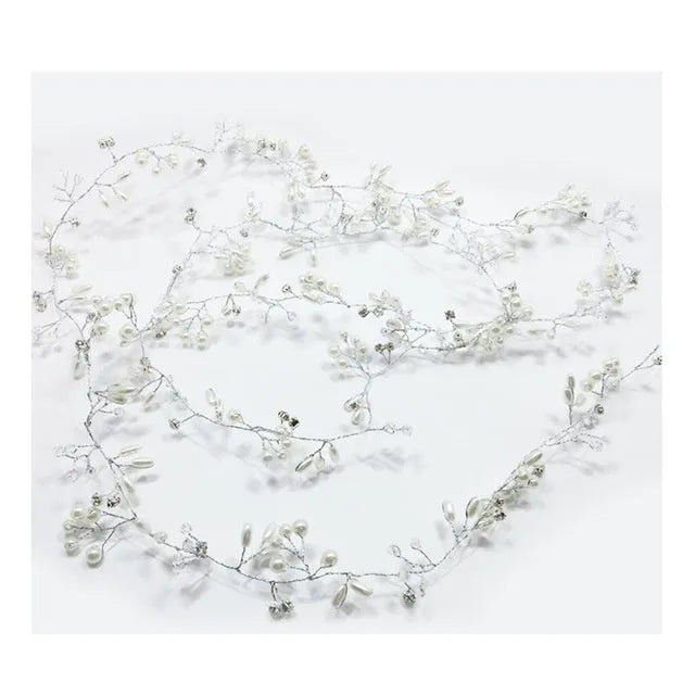 Bride's long hair band with crystal pearls in silver, gold, or rose gold, showing colour-preserving copper wire and length options