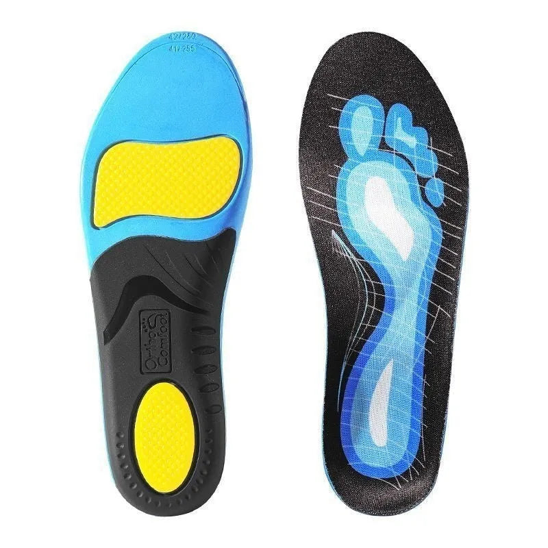 Blue and green PU flat foot correction insoles showing arch support design for universal shoe sizes.