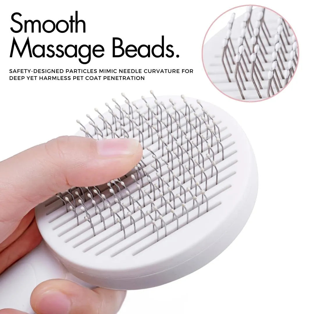 Self-cleaning slicker brush for dogs and cats with stainless steel pins and ergonomic handle
