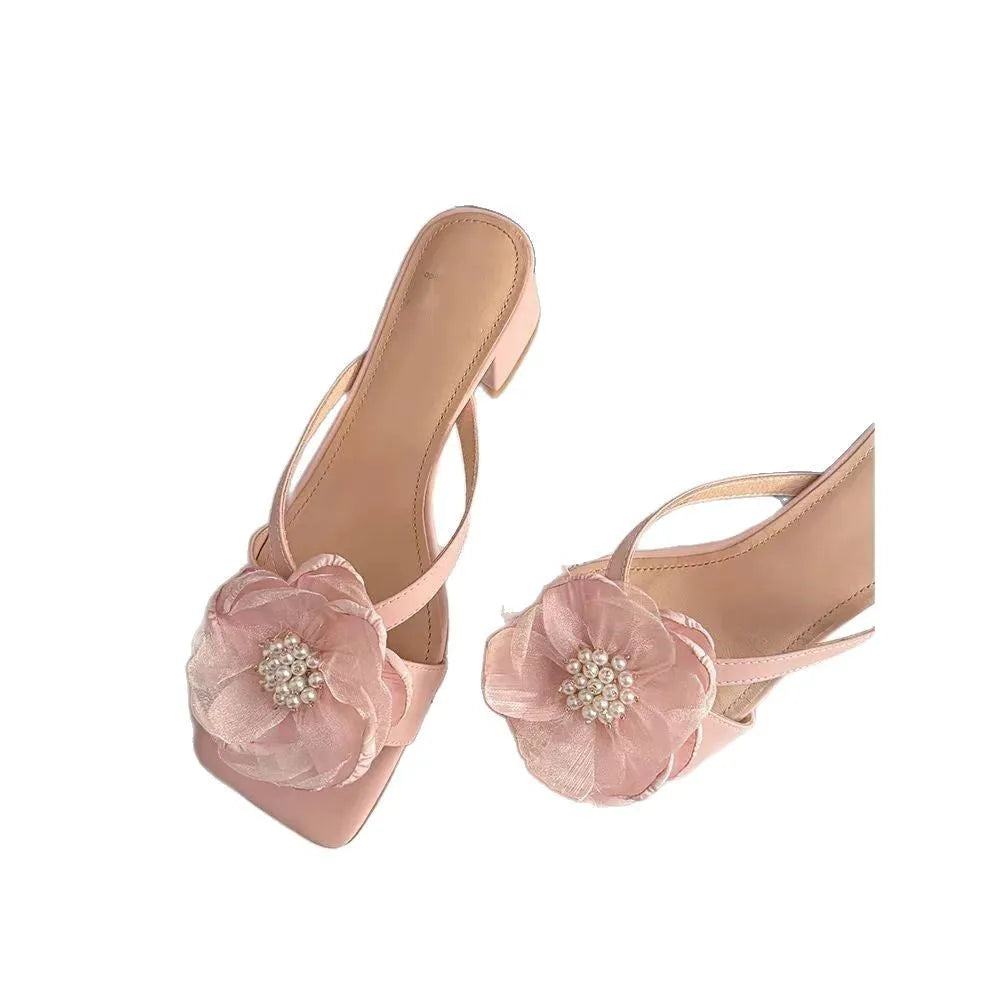 Korean style women's sandals with chunky heel and square toe design in cream-white colour
